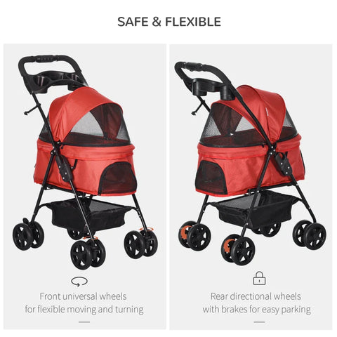 Rootz Pet Stroller - Foldable Cat Dog Pushchair - Pet Travel Carriage with 4 Wheels - Adjustable Canopy - Safety Leashes - Storage Basket and Cup Holder for Small Dogs - Red - 67 x 45 x 96 cm