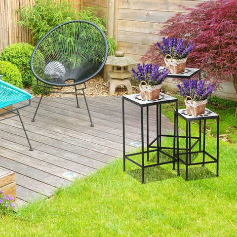 Rootz Set van 3 metalen bloemenstandaards - plantenstandaards - keramische tegels - zwart + grijs - 23,5L x 23,5B x 40,3H cm