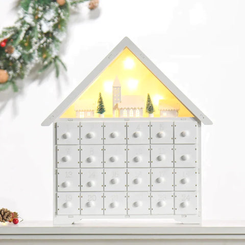 Rootz Kerst Adventskalender - Kerstkalender Met LED Verlichting - Met 24 Draw Boxes - 2-in-1 Design Kerstdecoratie - Wit - 39 x 9 x 42 cm