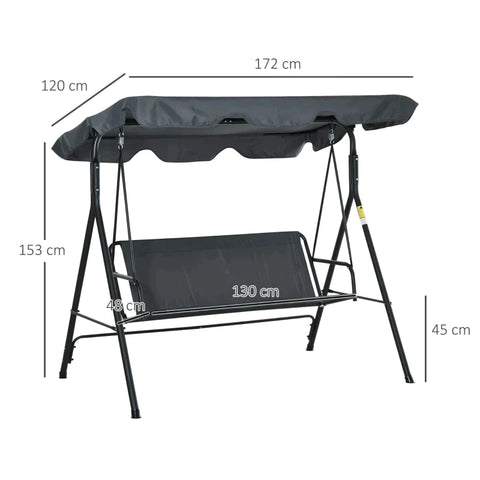 Rootz Garden Swing - Hollywood Swing - Hammock Swing - Swing Bench - 3-seater With Roof - Steel - Gray + Black - 172 x 110 x 153 cm