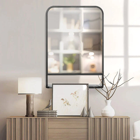Rootz Wall Mirror - Modern Square Wall Mirror with Storage Shelf - Metal Frame - Rounded Edges - Black + Silver - 70cm x 10.2cm x 50cm