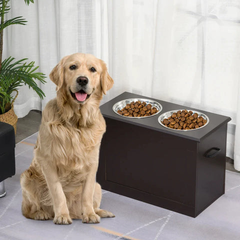 Rootz Feeding Station - 2 Stainless Steel Feeding Bowls - Hidden Storage - White + Silver - 60cm x 30cm x 41cm