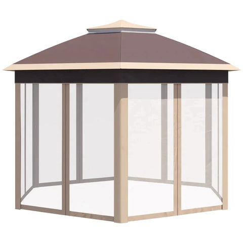 Rootz Gazebo - Garden Gazebo - Folding Gazebo - Pop-up Tent - Party Tent - 6 Side Panels -  Double Roof - Hexagonal - Beige + Khaki - 405L x 405W x 285H cm
