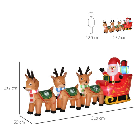 Rootz Inflatable Santa Claus on Sleigh - with 3 Deers - 1.3m Christmas Decoration with Lights - Christmas Gardens Decoration - Automatic - Inflation - Weatherproof - Polyester - Brown + Red + Green - 319 x 59 x 132 cm