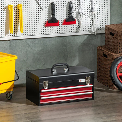 Rootz Tool Chest - Lockable Metal - Tool Box - Ball Bearing Runners - 2 Drawer - Portable Toolbox - steel Housing - Black+red - 460mm x 240mm x 220mm