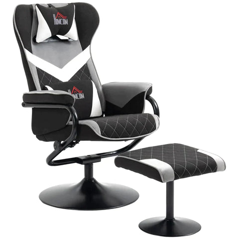 Rootz Relax Chair – Entspannungsstuhl – Gaming-Stuhl – mit Hocker – neigbare Rückenlehne – drehbarer Sitz – Polyester/Schaum/Metall – Schwarz/Grau – 67 x 78,5 x 102,5 cm