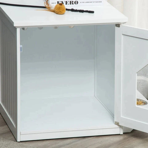 Rootz Litter Box - Cat House - Cat Cabinet - Litter Cat Box - Feeding Bowls - Magnetic Door - White - MDF - 64L x 51W x 51.8H cm