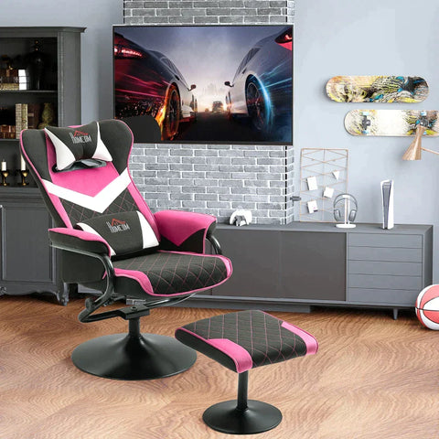 Rootz Relax Chair - Relaxation Chair - Gaming Chair - With Stool - Tiltable Backrest - Swivel Seat - Polyester/Foam/Metal - Black/Pink - 67 x 78.5 x 102.5cm