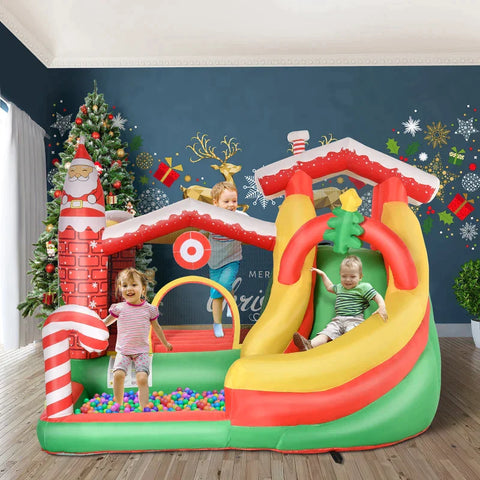 Rootz Hüpfburg – Weihnachts-aufblasbare Hüpfburg mit Rutsche, Bällebad für 3 Kinder – Hüpfburg mit Gebläse für 3–8 Jahre – Indoor-Kindergarten – Oxford-Stoff – Polyester – Rot + Grün + Weiß – 290 x 280 x 220 cm