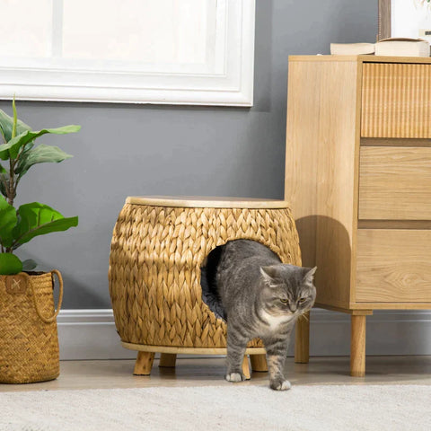 Rootz Water Hyacinth Grass Cat Cave - Rattan Cat House - Washable Cushion - Tan + Natural Wood + Grey - 44cm x 43cm x 42cm