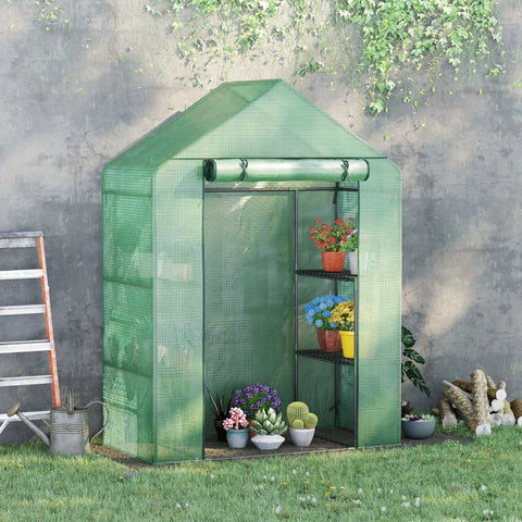 Rootz Foliengewächshaus – Gewächshaus mit 6 Regalen – begehbares Gartenhaus-Gewächshaus – Tomatenhaus – Pflanzenhaus mit aufrollbarem Eingang – Frühbeet – grün – 141 x 72 x 191 cm