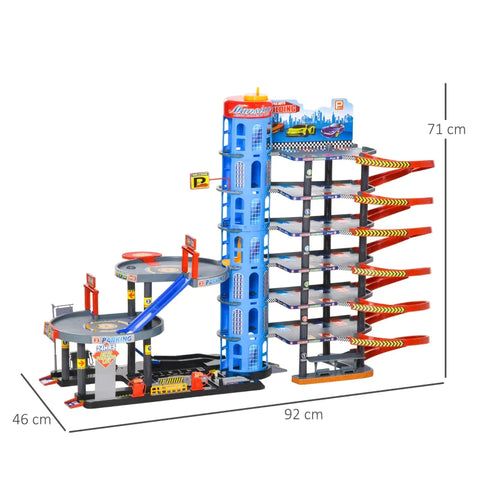 Rootz Parking Garage - Multi-storey Car Park For Children - Parking Garage Play Set - Toy Cars Complete With Helicopter - Blue/Grey/Red - 92 x 46 x 71 cm