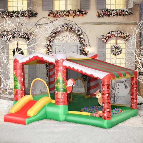 Rootz Weihnachten aufblasbare Hüpfburg – Trampolin, kleine Rutsche, Bällebad für 3 Kinder – Hüpfburg mit Gebläse für 3–8 Jahre Kindergarten – Oxford-Stoff – Polyester – Rot + Grün – 325 x 270 x 175 cm