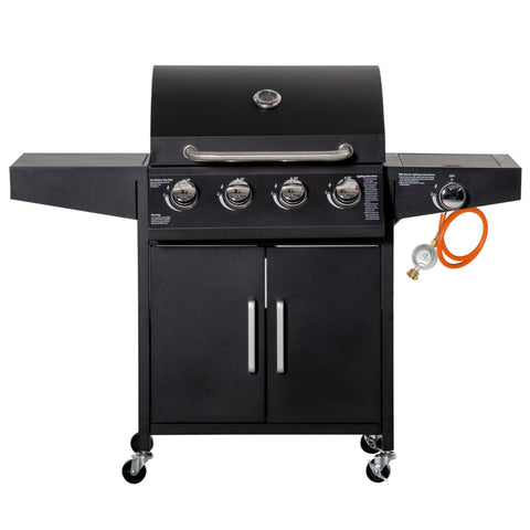 Rootz Gasgrill – BBQ mit 3 Brennern – mobiler Grillwagen mit 4 Rädern – Grillnetz – Beistelltische – Druckminderer – Schlauchschrank – Multifunktion – Stahl – Schwarz – 132,4 cm x 55 cm x 109 cm