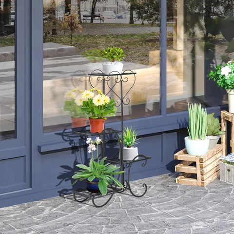 Rootz bloemenstandaard - metalen bloemenstandaard - 4 niveaus plantenrek - bloemenladder - bloemenstandaard voor binnen en buiten - tuin - balkon - zwart - 45 x 24,5 x 80 cm