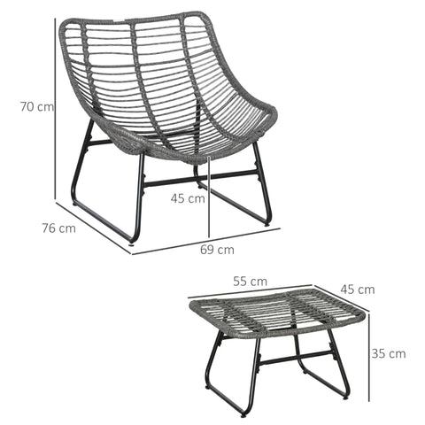 Rootz Rattan Relax Chair with Footstool - Garden Chair - Outdoor Rattan Chair with Cushion - Steel - Polyester - Grey - 69 x 76 x 70 cm