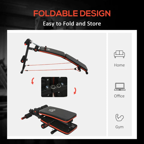 Rootz Sit Up Bench - Abdominal Trainer - Training Bench - Training Ropes - Adjustable & Foldable - Black/Red - 137 x 51 x 50-66 cm