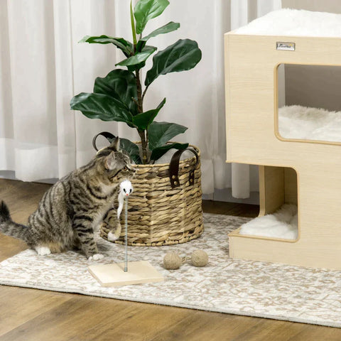 Rootz Katzenhaus – Katzenhöhle – Katzentonne – Katzenhöhle mit 2 Etagen – inklusive Spielzeug – Natur/Hellgrau – 34 cm x 34 cm x 60 cm