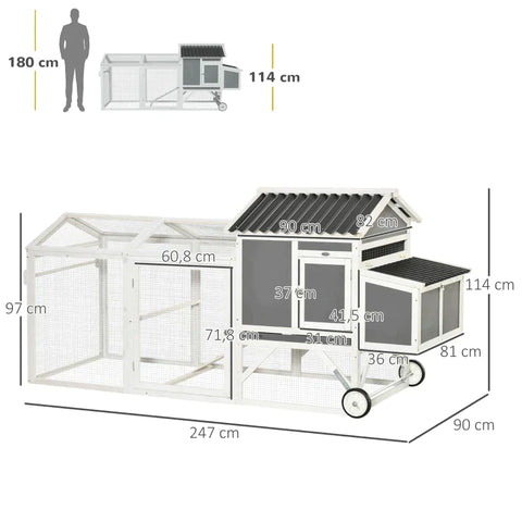Rootz Hühnerstall – Hühnerhaus mit Nistkasten – Hühnervoliere mit Rädern und Griff – Einfriedung, Geflügelstall – Tannenholz – PVC – Grau + Weiß – 247 x 90 x 114 cm