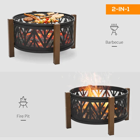 Rootz 2-in-1-Feuerstelle – Feuerstelle mit Funkenschutz – Feuerstelle mit Grillkochen – Grillrost – Garten – BBQ – Schwarz/Braun – Ф78 x 60H cm