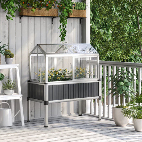 Rootz Raised Bed - Raised Planters with Greenhouse - Weather Resistant - Hinged Lid - Cover and Openable Windows - Gray + Silver - 114cm x 60cm x 129cm