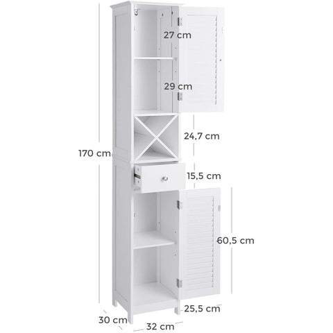 Rootz Bathroom Cabinet - 170 CM - Cabinet - Bathroom Furniture - Bathroom Furniture - White - 32 x 30 x 170 cm, (WxH x D)