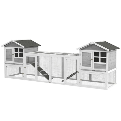 Rootz Small Animal Hutch - Double Main House - Guinea Pig Hutch - Bunny Run - Wooden Small - Run Box - Slide-out Tray - Ramp - Grey - 259 x 64 x 92cm