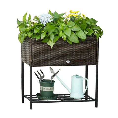 Rootz Raised Bed - Flower Box - Rattan Raised Bed With Shelf - Metal - Brown - 70 x 30 x 72 cm