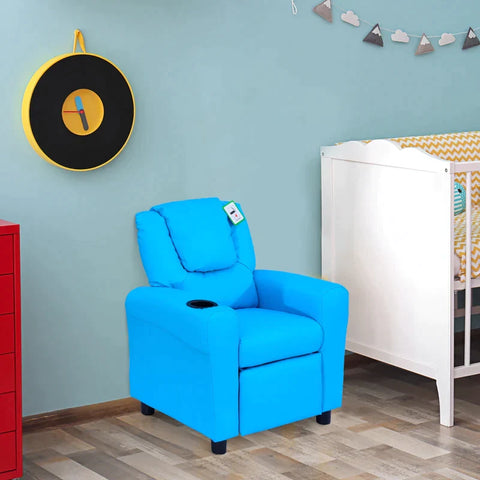 Rootz Children's Armchair - Mini Armchair - Children's Sofa - Recliner Armchair - Reclining Function - Built-in Cup Holder - Blue - 62 x 52 x 69 cm
