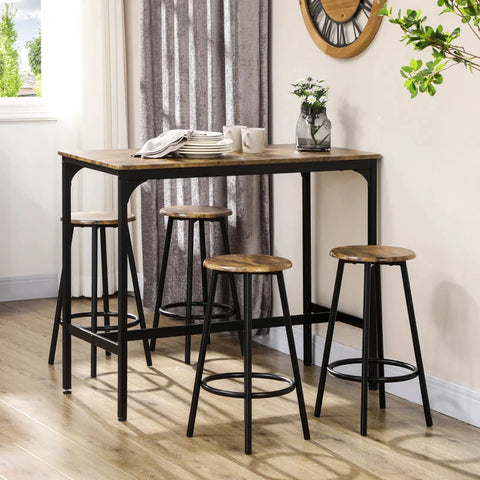 Rootz Bartafelset - Industrieel Ontwerp - 5-delige Tafelset - 1 Bartafel - 4 Barkrukken - Zithoek - Aanrecht - Zwart + Bruin - 110L x 50B x ​​89,5H cm.