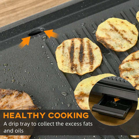 Rootz Electric Grill - Table Grill - Electric With Adjustable Thermostat - Non-stick Coated Grill Plate - Teppanyaki With Drip Tray - Black - 53.5 x 31 x 8 cm