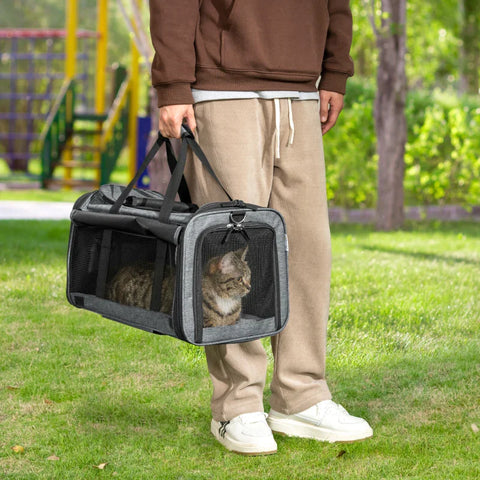Rootz 3 In 1 Pet Trolley - Pet Transport Bag - Pet Car - Telescopic Handle - 2 Pockets - Grey + Black - 50L x 31W x 37H cm