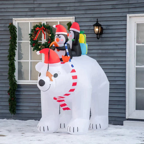 Rootz Christmas Penguins - Inflatable Penguins on Polar Bear - Christmas Decoration with Lights - Christmas Gardens Decoration - Weatherproof - Polyester - 227 x 113 x 206 cm