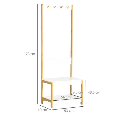 Rootz Wardrobe With Shoe Bench - 3 Pairs Of Shoes - 4 Coat Hooks - MDF + Bamboo - Natural + White - 61L x 40W x 172H cm