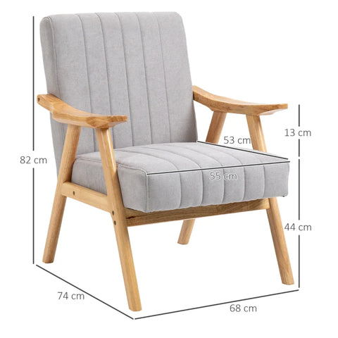 Rootz Armchair In Scandi Design - Velvet Look - Solid Wood - Upholstered Chair - Natural + Gray - 68cm x 74cm x 82cm