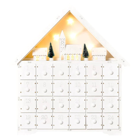 Rootz Kerst Adventskalender - Kerstkalender Met LED Verlichting - Met 24 Draw Boxes - 2-in-1 Design Kerstdecoratie - Wit - 39 x 9 x 42 cm