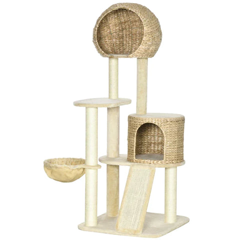Rootz Scratching Post - Cat Tree - With Cat House - Multiple Platforms - Hammock - Scratch Mat - Anti-tips - Beige - 60 x 60 x 150cm