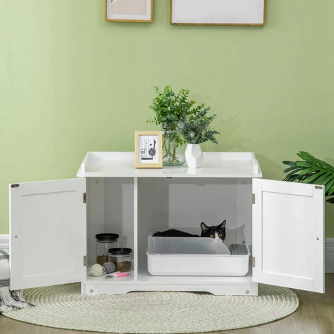 Rootz Katzentoilette – Katzenhaus – mit Trennwand, magnetischer Tür – Seitenregal – MDF – Weiß – 86 x 48 x 52 cm