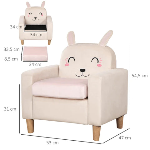 Rootz Kinderfauteuil - Konijnmotief - Hoge Rug - Wasbare hoes - voor kinderen 3-5 jaar - Crème - 53 x 47 x 54,5 cm