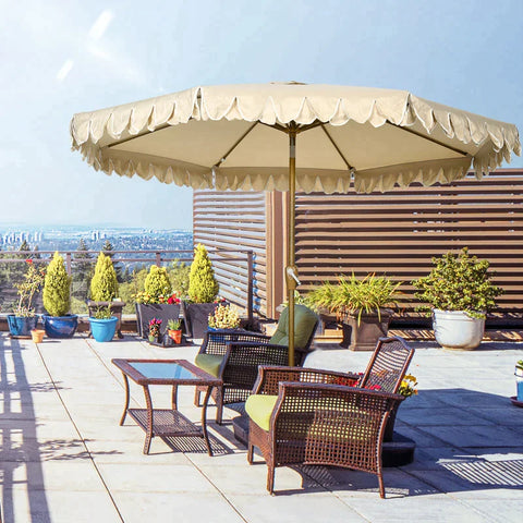 Rootz Parasol - With Fringes - Tiltable With Hand Crank - Steel + Polyester - Khaki - Ø265 x 235.5 cm