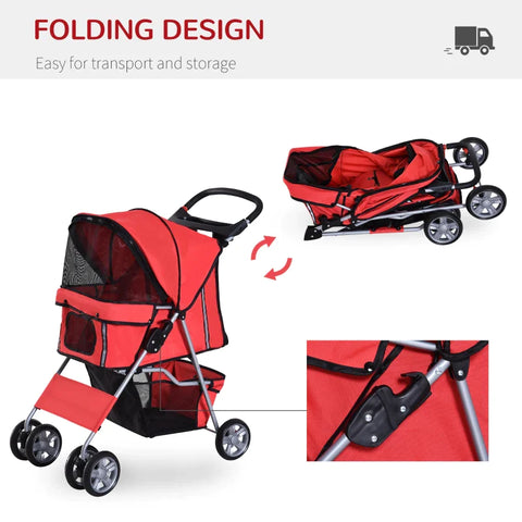 Rootz Dog Stroller - Pet Stroller - Dog Buggy - Dog Stroller For Travel - Foldable Pet Stroller - Dog Travel Buggy - Compact Pet Carriage - Red - 75L x 45W x 97H cm
