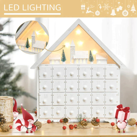 Rootz Kerst Adventskalender - Kerstkalender Met LED Verlichting - Met 24 Draw Boxes - 2-in-1 Design Kerstdecoratie - Wit - 39 x 9 x 42 cm
