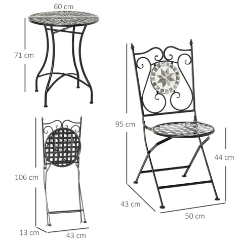 Rootz 3 Pcs Mosaic Tile Garden Bistro Set - garden seating group - Table - 2 Folding Chairs Set - Balcony - Grey