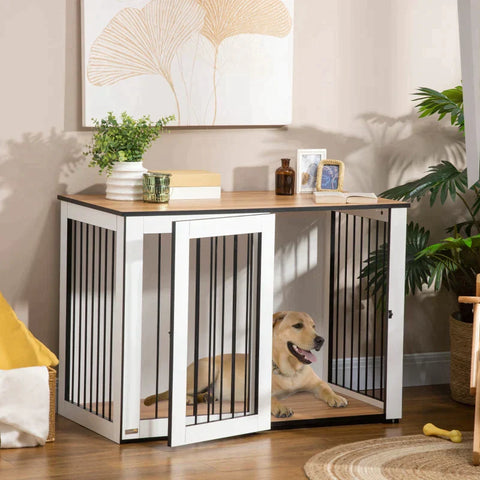 Rootz Dog Cage - 2-in-1 Design Dog Crate - Lockable  - Steel - Chipboard - Dark Walnut + White - 106cm x 60cm x 76cm
