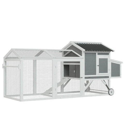 Rootz Hühnerstall – Hühnerhaus mit Nistkasten – Hühnervoliere mit Rädern und Griff – Einfriedung, Geflügelstall – Tannenholz – PVC – Grau + Weiß – 247 x 90 x 114 cm