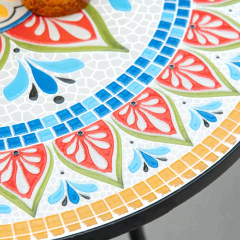 Rootz Gartentisch – Mosaiktisch – Runder Bistrotisch – Beistelltisch mit Mosaikplatte aus Keramik – Metall – Rot + Blau + Weiß – Ø60 cm