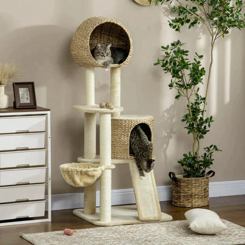 Rootz Scratching Post - Cat Tree - With Cat House - Multiple Platforms - Hammock - Scratch Mat - Anti-tips - Beige - 60 x 60 x 150cm