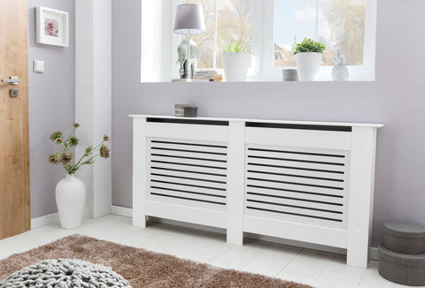 Rootz Radiator Cover - Matt Design Heater Panel - Wood Slats - Protection for Heating Radiator - White - 152x83x19cm