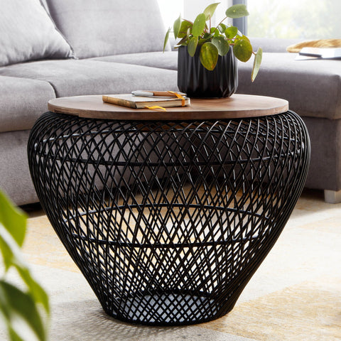 Runder Couchtisch von Rootz – Schwarz mit Stauraum – Modernes Design – Drahtkorb – Mangoholz und Metall – 60 x 60 x 45 cm 