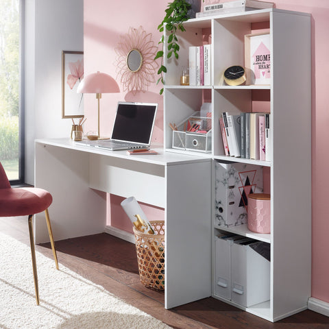 Weißer Rootz-Schreibtisch mit Ablage – Moderner Bürotisch – Laptoptisch mit 6 Ablagen – Heimbüro-Computertisch mit Stauraum – 170 x 59 x 143,5 cm